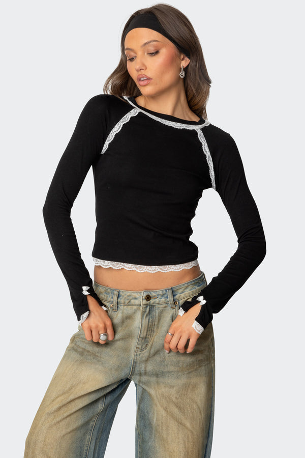 edikted Edith Lacey Ribbed Top black and white