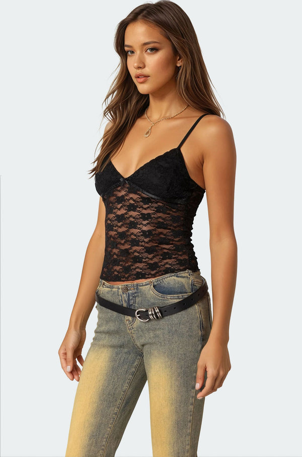 Edikted Eira Sheer Lace Tank Top Black