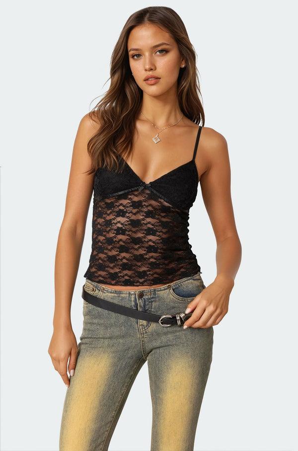 edikted Eira Sheer Lace Tank Top black