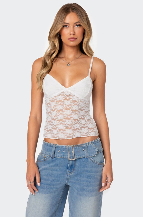 edikted Eira Sheer Lace Tank Top white