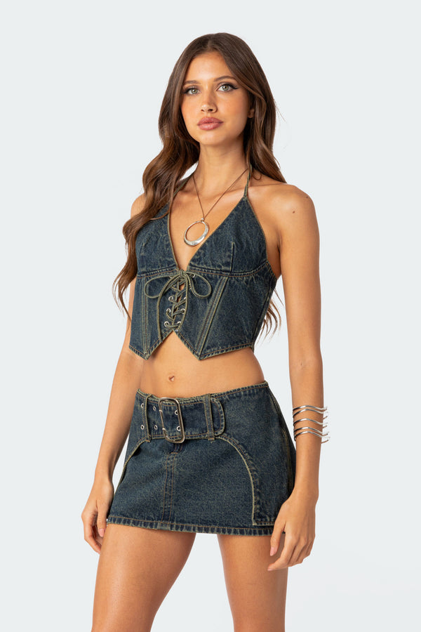 Edikted Elara Washed Denim Lace Up Corset Blue