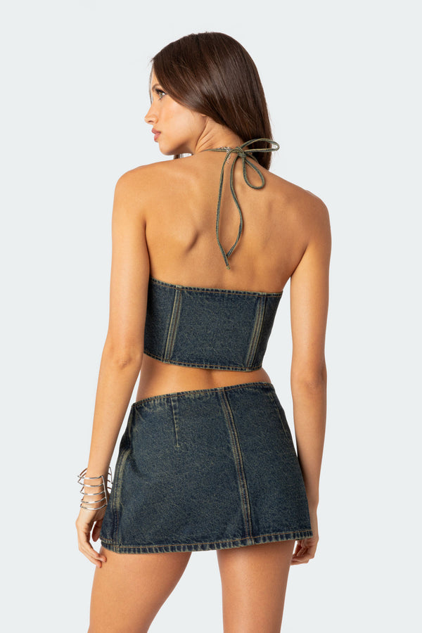 Edikted Elara Washed Denim Lace Up Corset Blue
