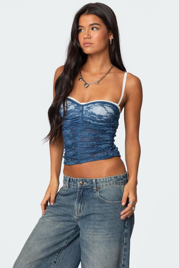 Edikted Eleanor Bra Detail Sheer Lace Top Navy