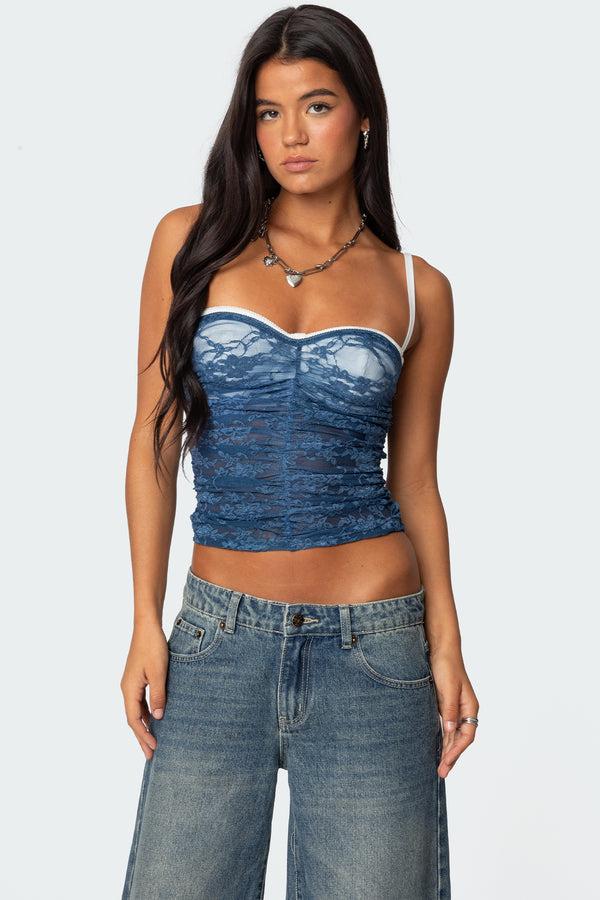 edikted Eleanor Bra Detail Sheer Lace Top navy