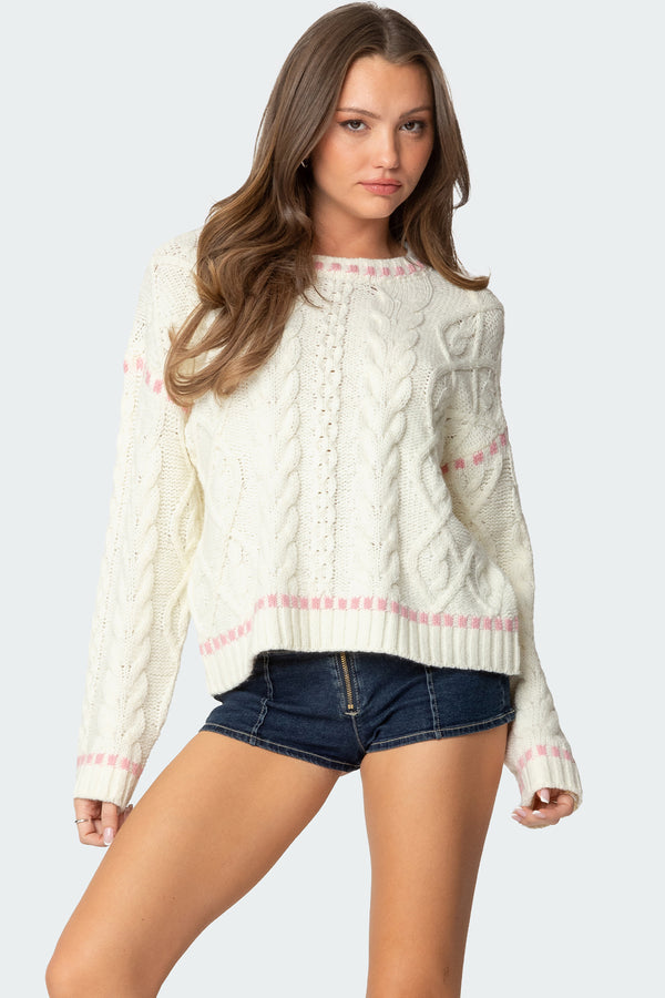 edikted Eleni Cable Knit Sweater white