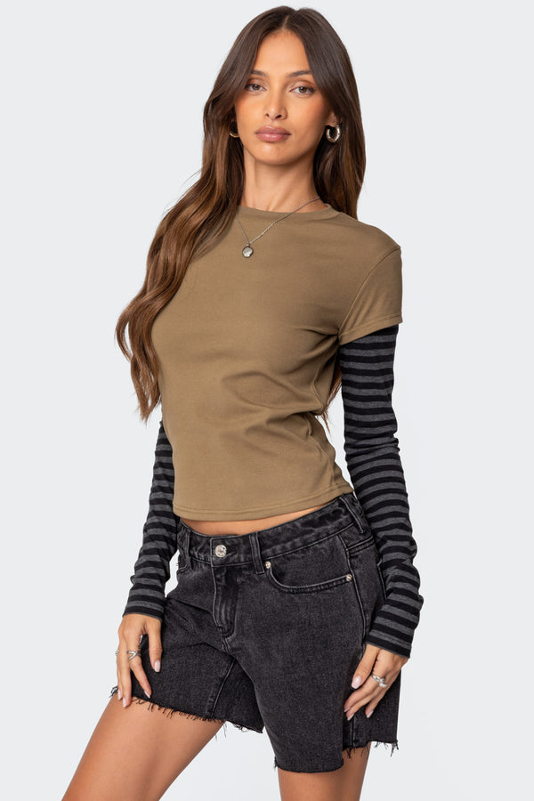 Edikted Eliana Layered Long Sleeve T Shirt Olive