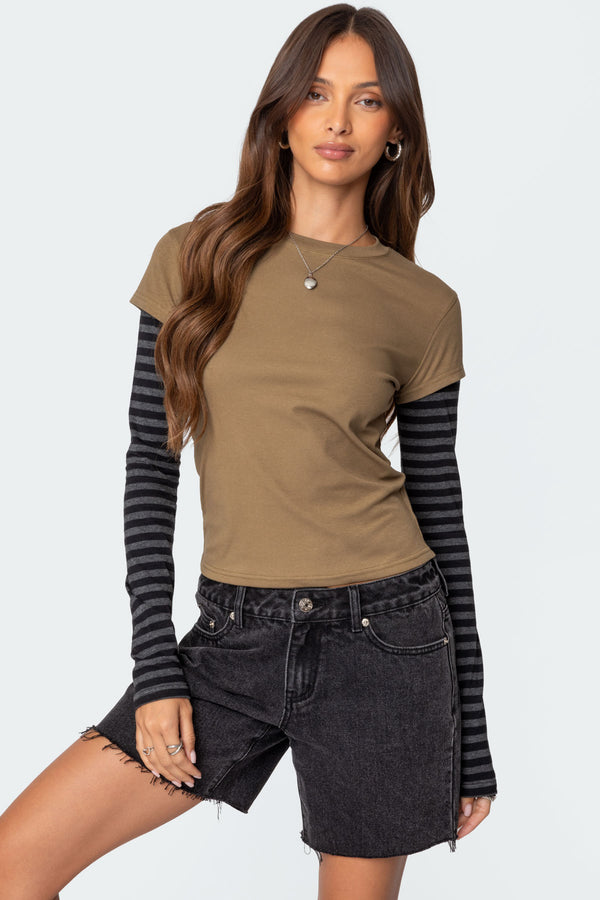 edikted Eliana Layered Long Sleeve T Shirt olive