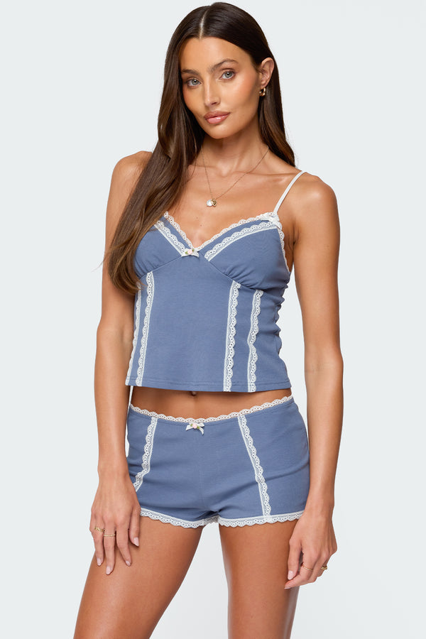 edikted Eliane Contrast Lacey Tank Top blue