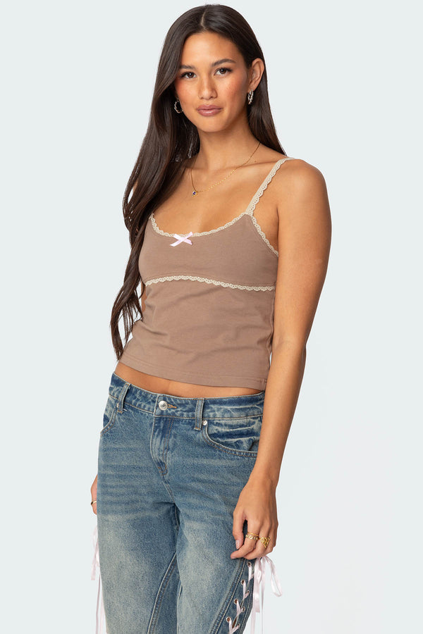 Edikted Elin Lace Trim Tank Top Brown