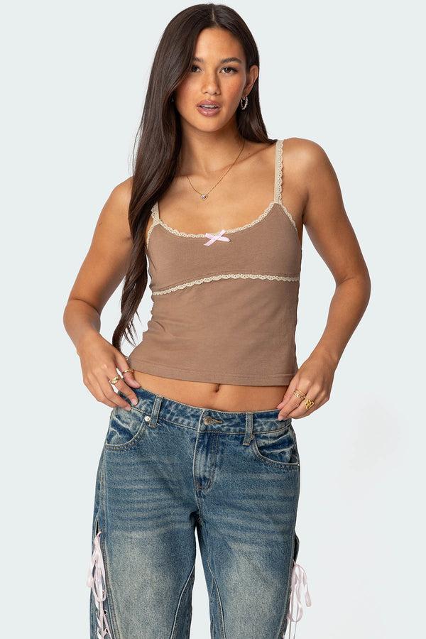 edikted Elin Lace Trim Tank Top brown
