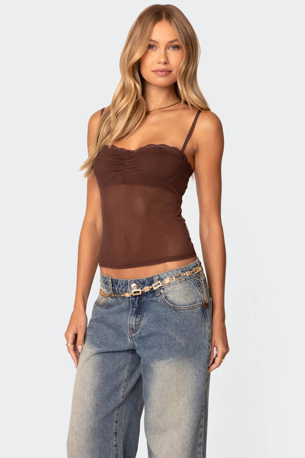 Edikted Elina Sheer Mesh Bra Top Brown