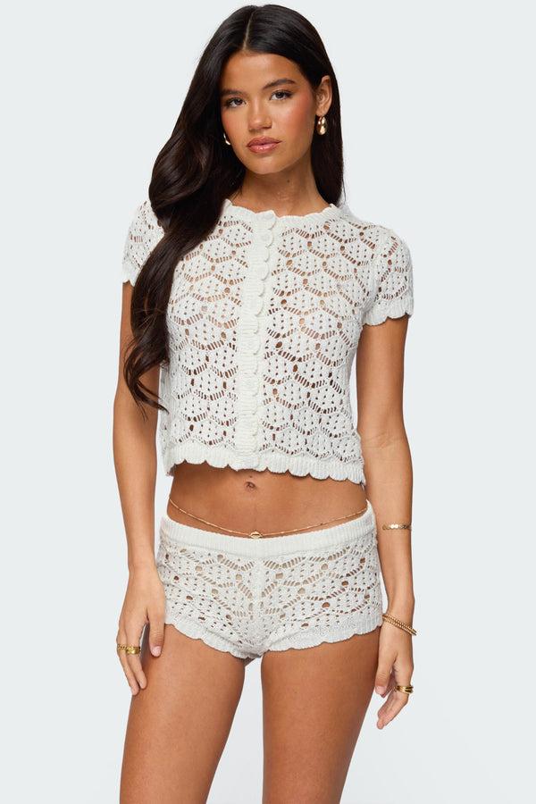 Edikted Elisa Open Knit Button Up Top Cream