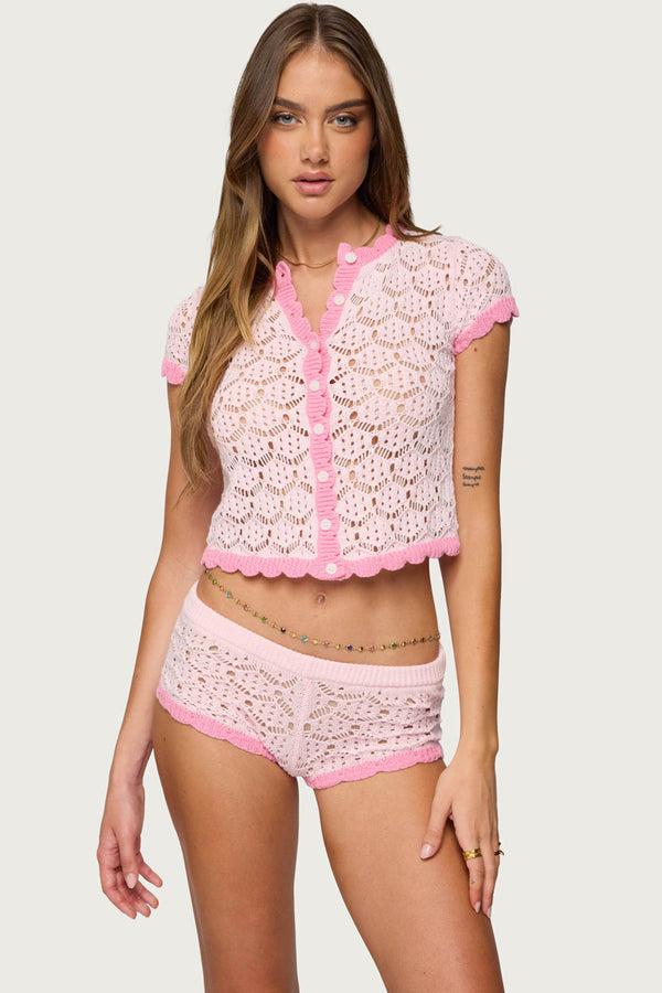 edikted Elisa Open Knit Button Up Top light pink