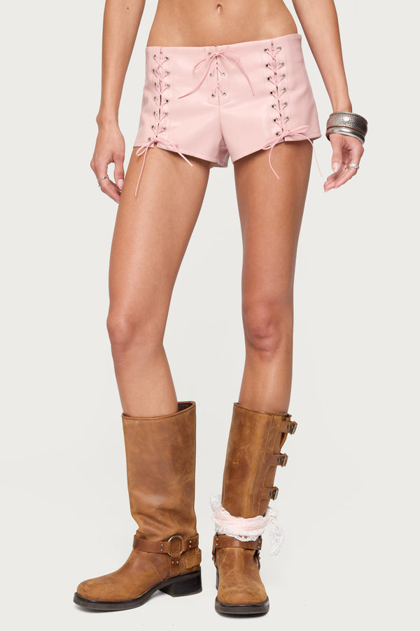 Edikted Elisha Lace Up Faux Leather Shorts Pink