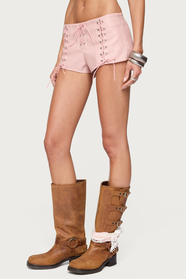 Edikted Elisha Lace Up Faux Leather Shorts Pink