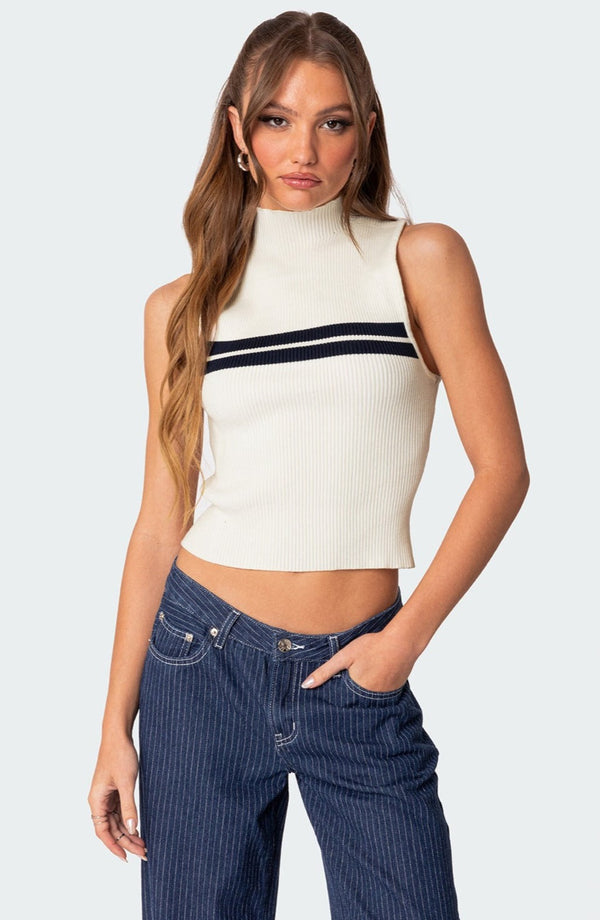 edikted Eliza Ribbed High Neck Top white