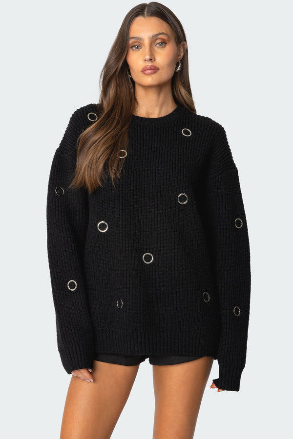 edikted Ellia Grommet Oversized Sweater black