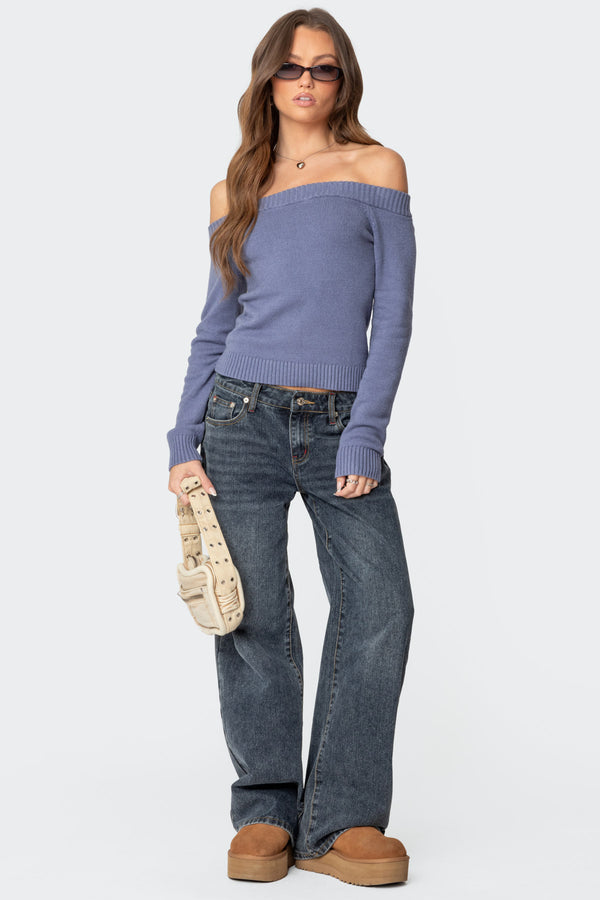 Edikted Elona Off Shoulder Knit Top Blue