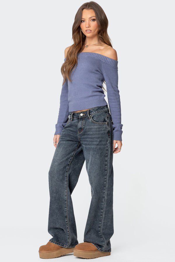 Edikted Elona Off Shoulder Knit Top Blue