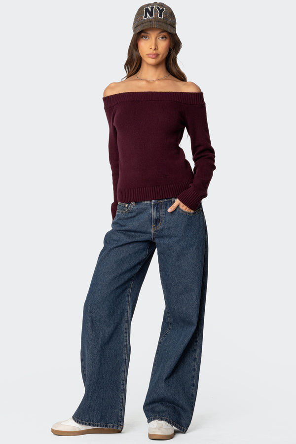 Edikted Elona Off Shoulder Knit Top Burgundy