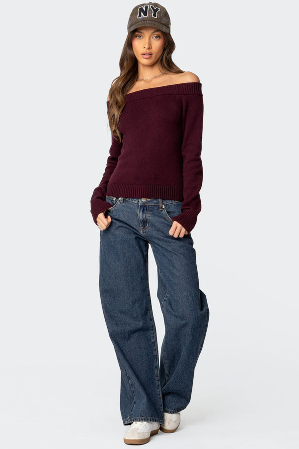 Edikted Elona Off Shoulder Knit Top Burgundy