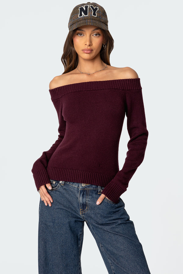 edikted Elona Off Shoulder Knit Top burgundy