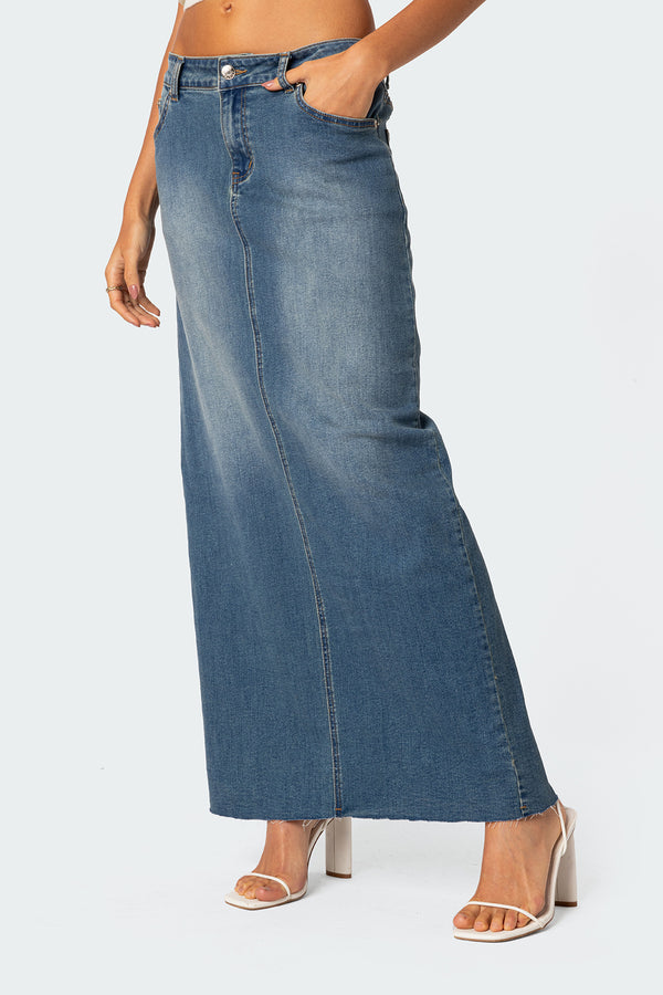 Edikted Elowyn Slitted Denim Maxi Skirt Blue