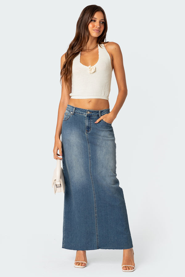edikted Elowyn Slitted Denim Maxi Skirt blue