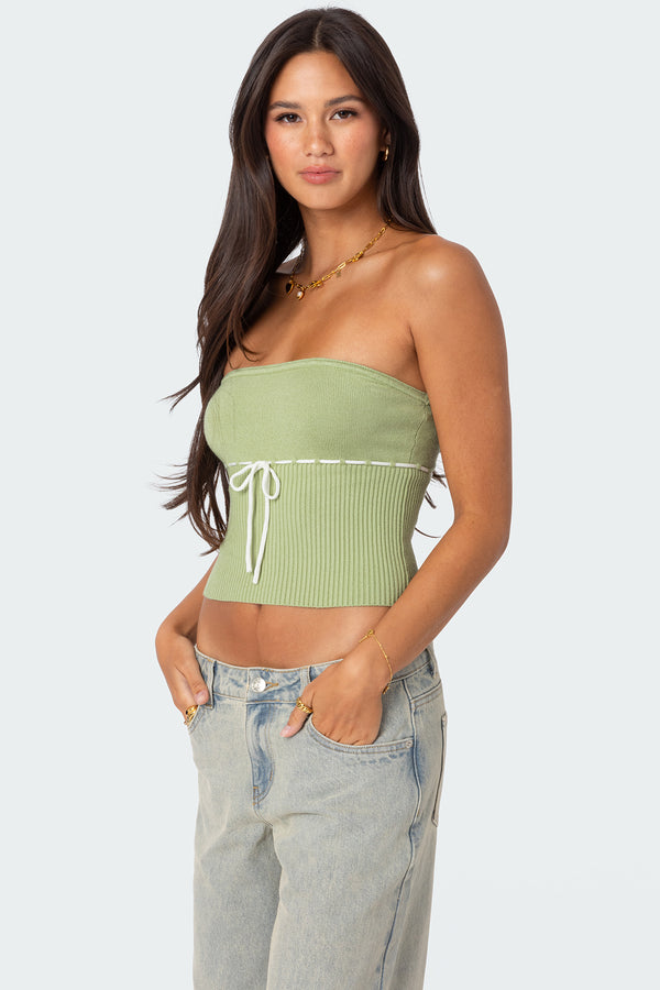 Edikted Elsie Knitted Tie Tube Top Sage