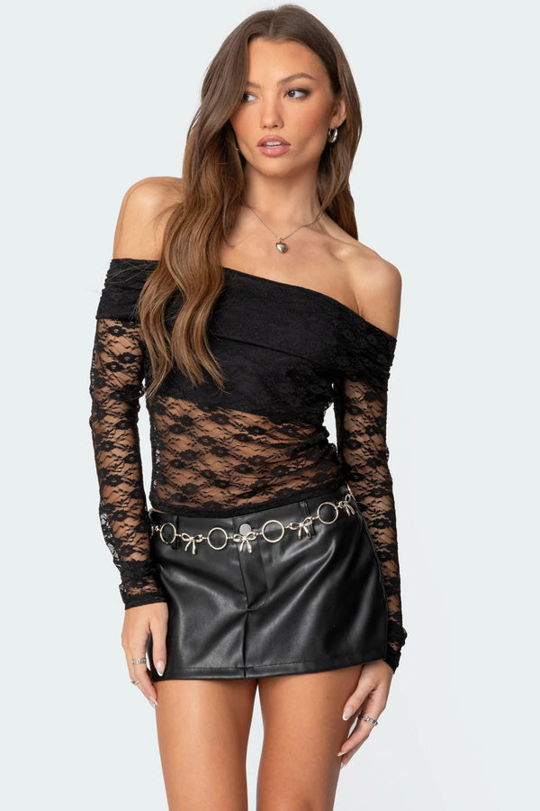 edikted Elysia Fold Over Sheer Lace Top black