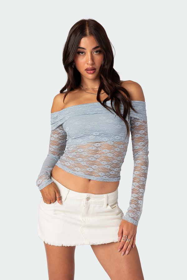 Edikted Elysia Fold Over Sheer Lace Top Light Blue