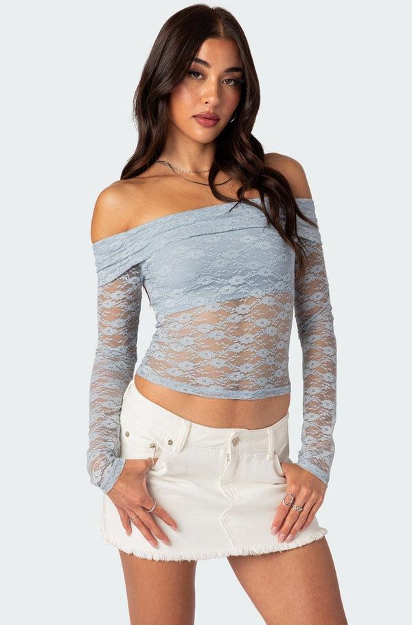 edikted Elysia Fold Over Sheer Lace Top light blue