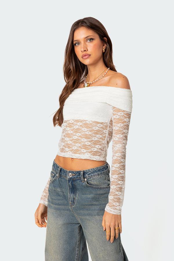 Edikted Elysia Fold Over Sheer Lace Top White