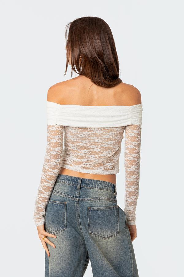 Edikted Elysia Fold Over Sheer Lace Top White