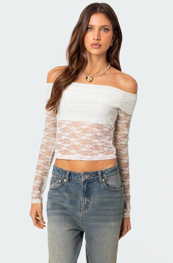 edikted Elysia Fold Over Sheer Lace Top white