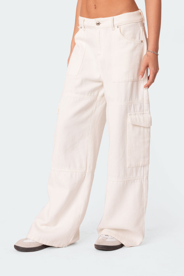 Edikted Ember Denim Cargo Pants White