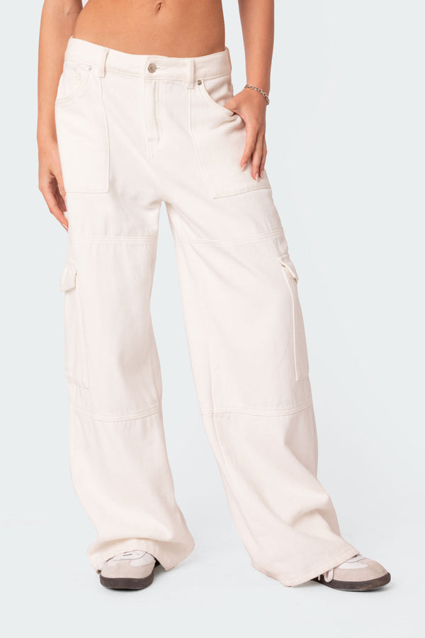 Edikted Ember Denim Cargo Pants White