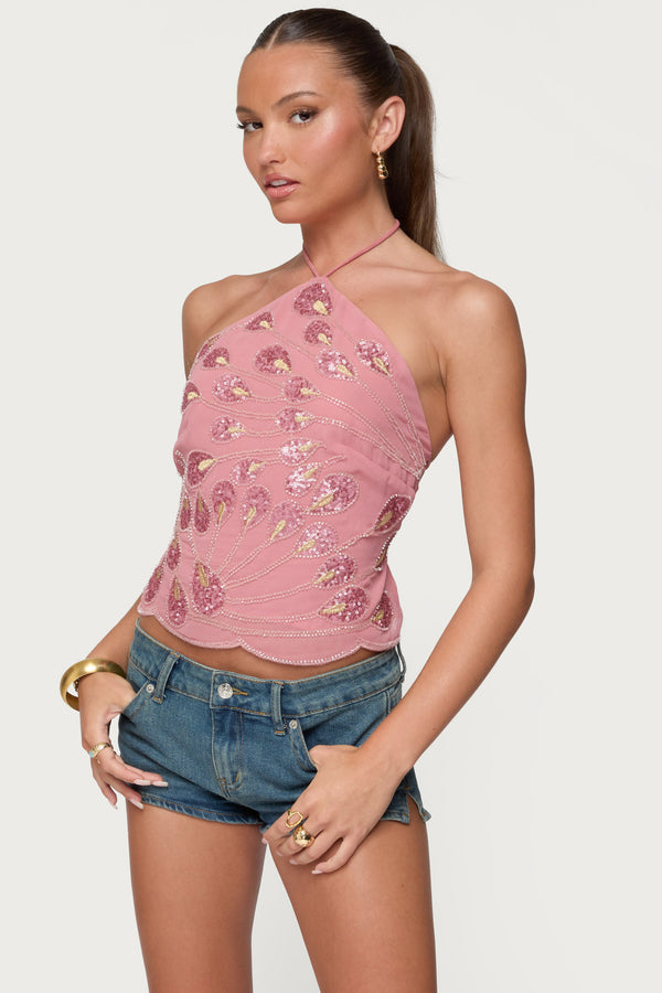 Edikted Embroidered Bead & Sequin Halter Top Pink