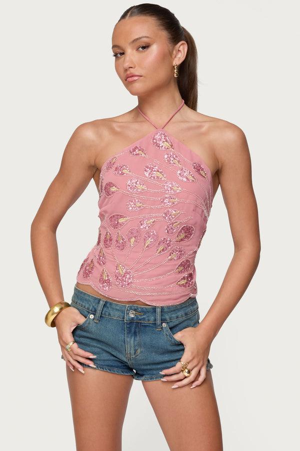 edikted Embroidered Bead & Sequin Halter Top pink