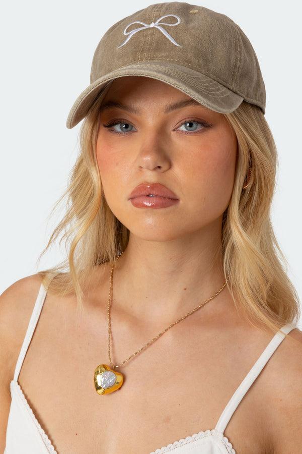 Edikted Embroidered Bow Washed Baseball Cap Brown