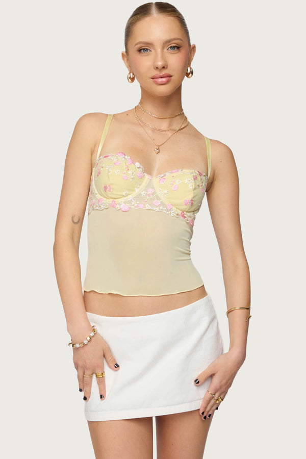 edikted Embroidered Floral Sheer Bra Top yellow
