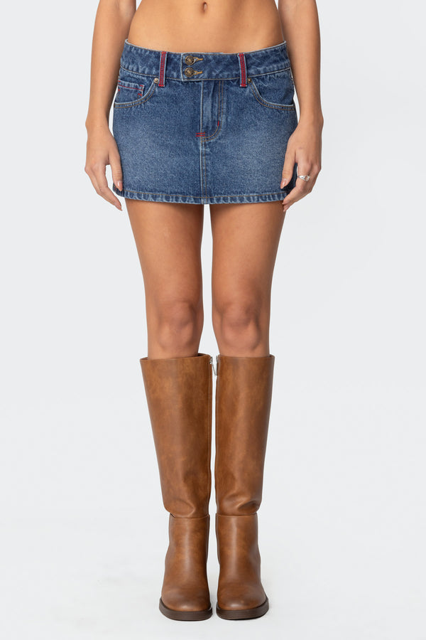 Edikted Embroidered Pocket Denim Mini Skirt Blue