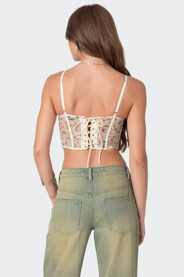 Edikted Embroidered Sheer Lace Corset Cream