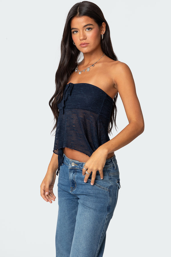 Edikted Embroidered Sheer Strapless Top Navy