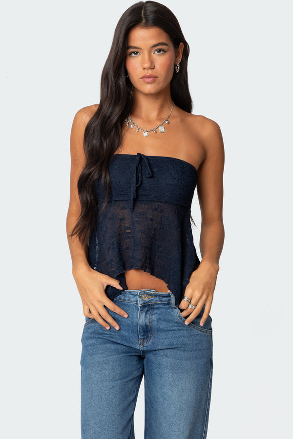 Edikted Embroidered Sheer Strapless Top Navy