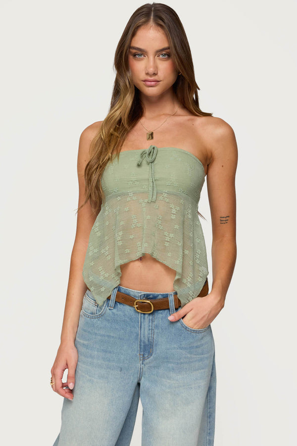 edikted Embroidered Sheer Strapless Top sage