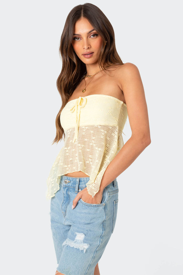Edikted Embroidered Sheer Strapless Top Yellow