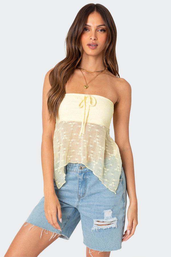 edikted Embroidered Sheer Strapless Top yellow
