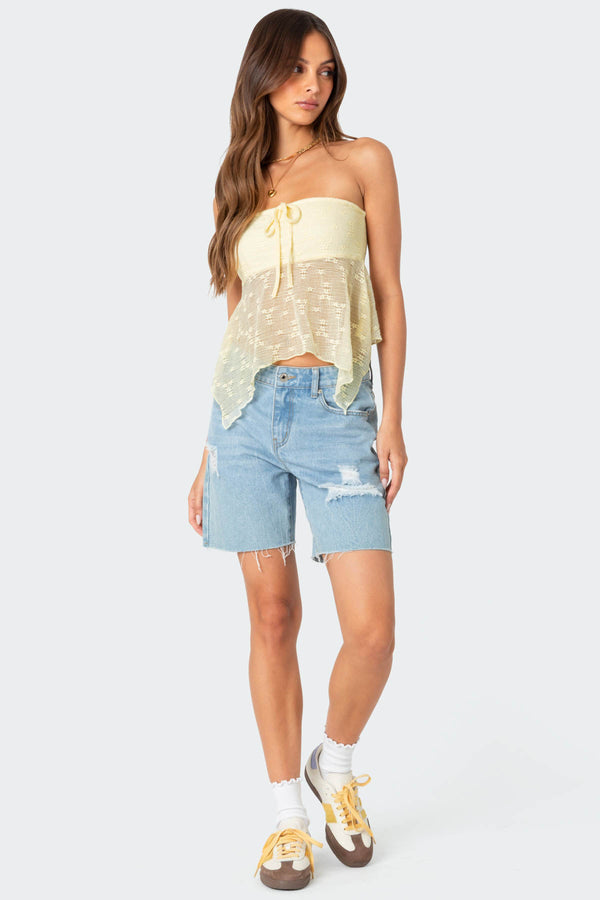 Edikted Embroidered Sheer Strapless Top Yellow