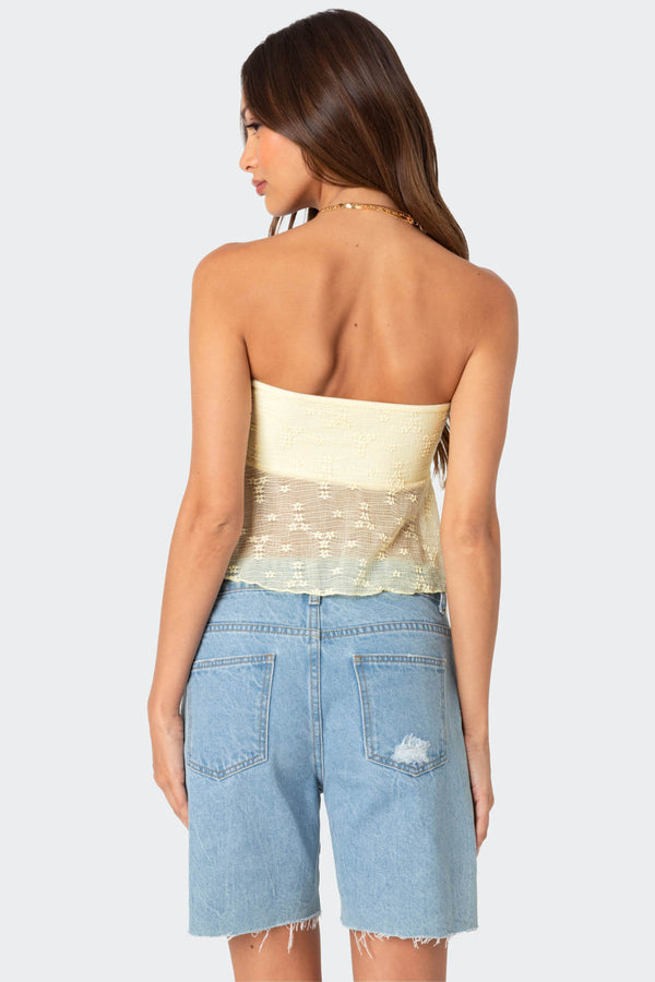 Edikted Embroidered Sheer Strapless Top Yellow